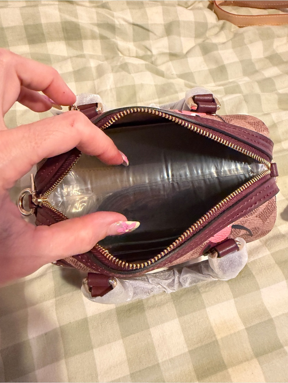 Coach Cherry Print Mini Satchel in Brown/Red - Picture 3 of 5